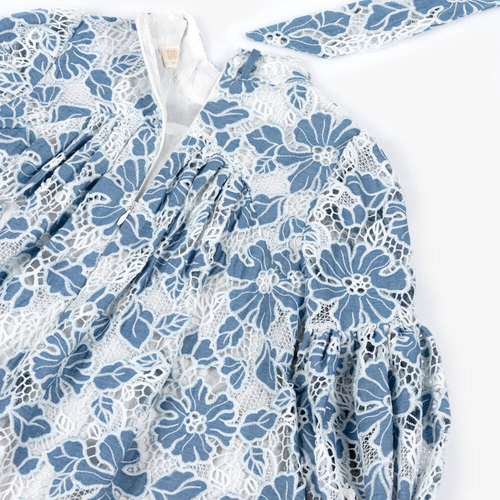 Marlo Kids-Girls Blue & White Embroidered Floral Lace Dress | Childrensalon Outlet