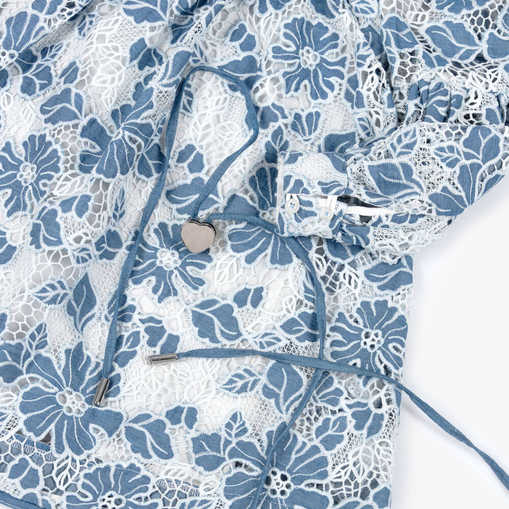 Marlo Kids-Girls Blue & White Embroidered Floral Lace Dress | Childrensalon Outlet