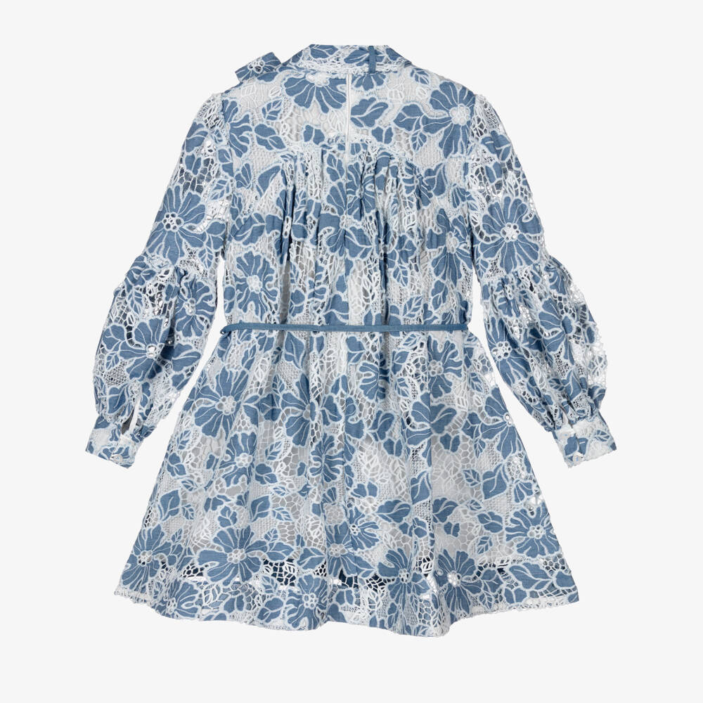 Marlo Kids-Girls Blue & White Embroidered Floral Lace Dress | Childrensalon Outlet