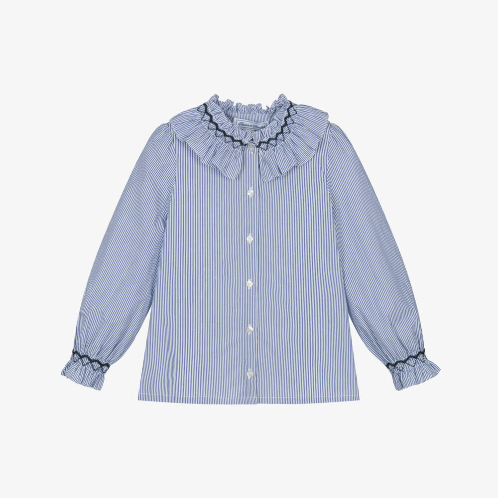 Tartine et Chocolat-Girls Blue & White Striped Cotton Ruffle Blouse | Childrensalon Outlet