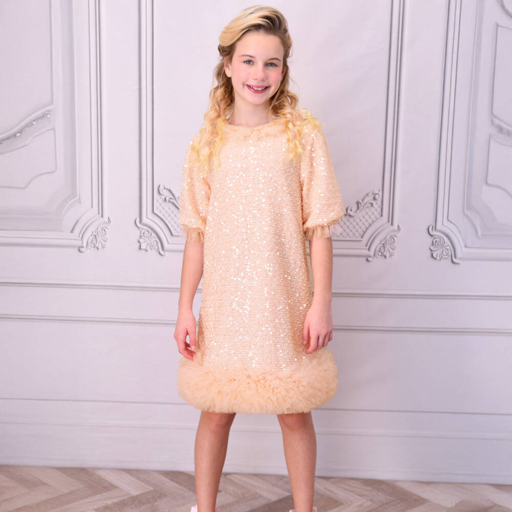 Angel's Face-Girls Blush Pink Sequin Embellished Dress with Tulle Trim | Childrensalon Outlet