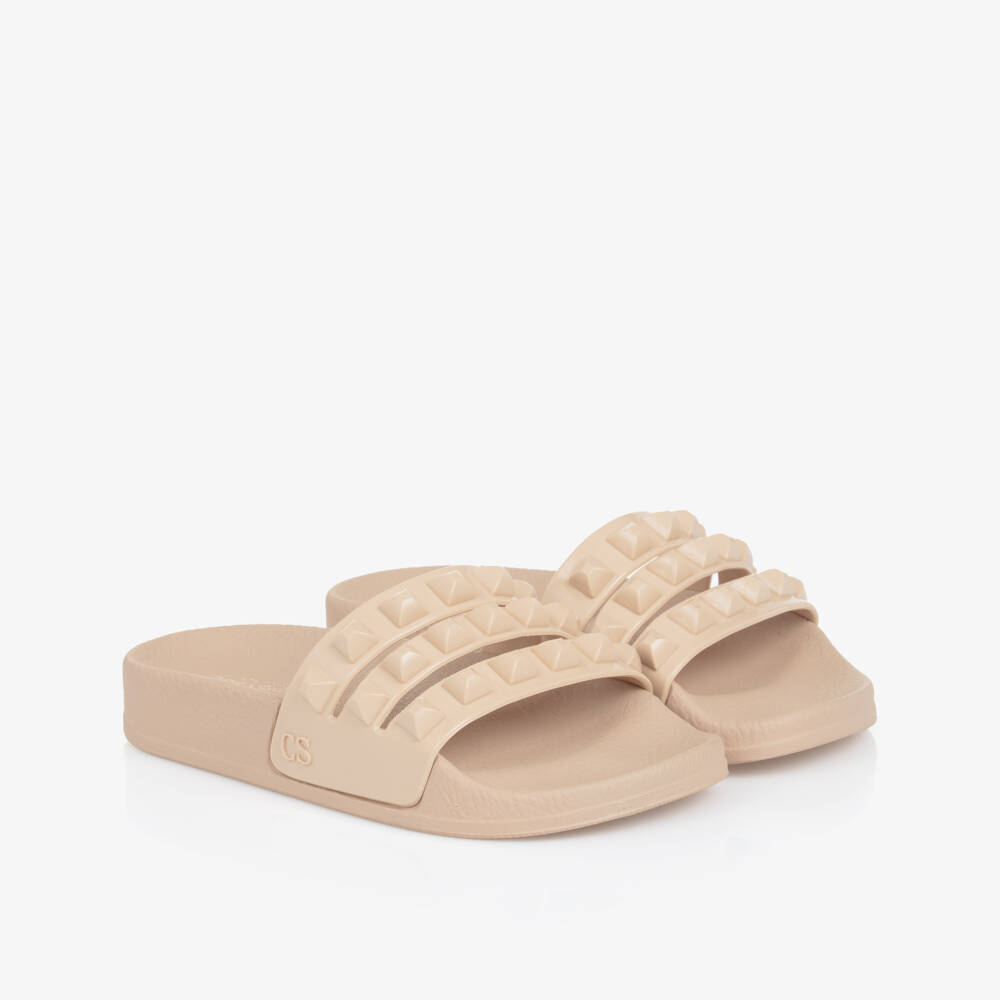 Carmen Sol-Girls Blush Pink Studded Sliders | Childrensalon Outlet