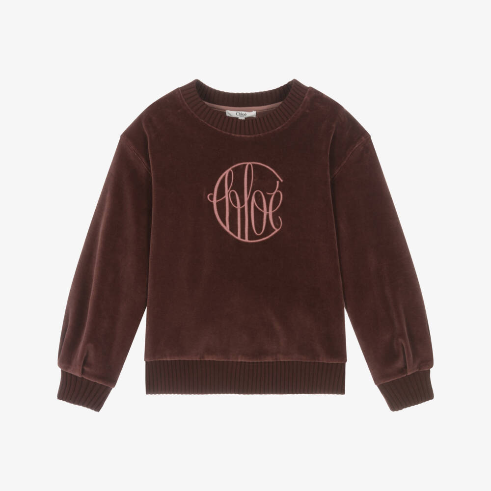 Chloé-Girls Bordeaux Pink Cotton Velour Sweatshirt with Circular Logo | Childrensalon Outlet