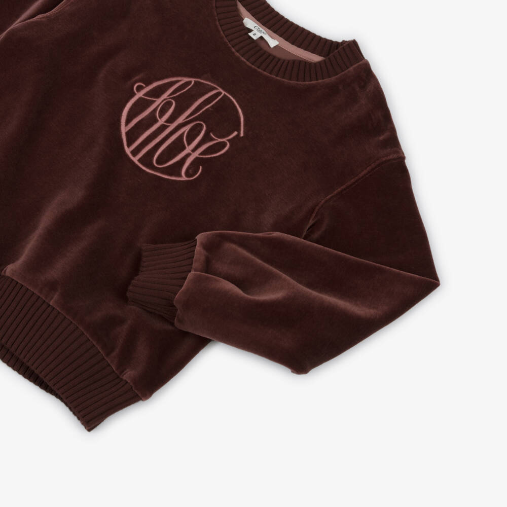 Chloé-Girls Bordeaux Pink Cotton Velour Sweatshirt with Circular Logo | Childrensalon Outlet