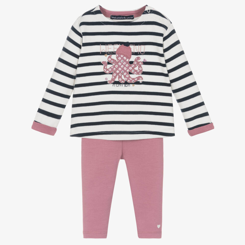 Week-end à la mer-Girls Breton Stripe Top & Pink Leggings Set | Childrensalon Outlet