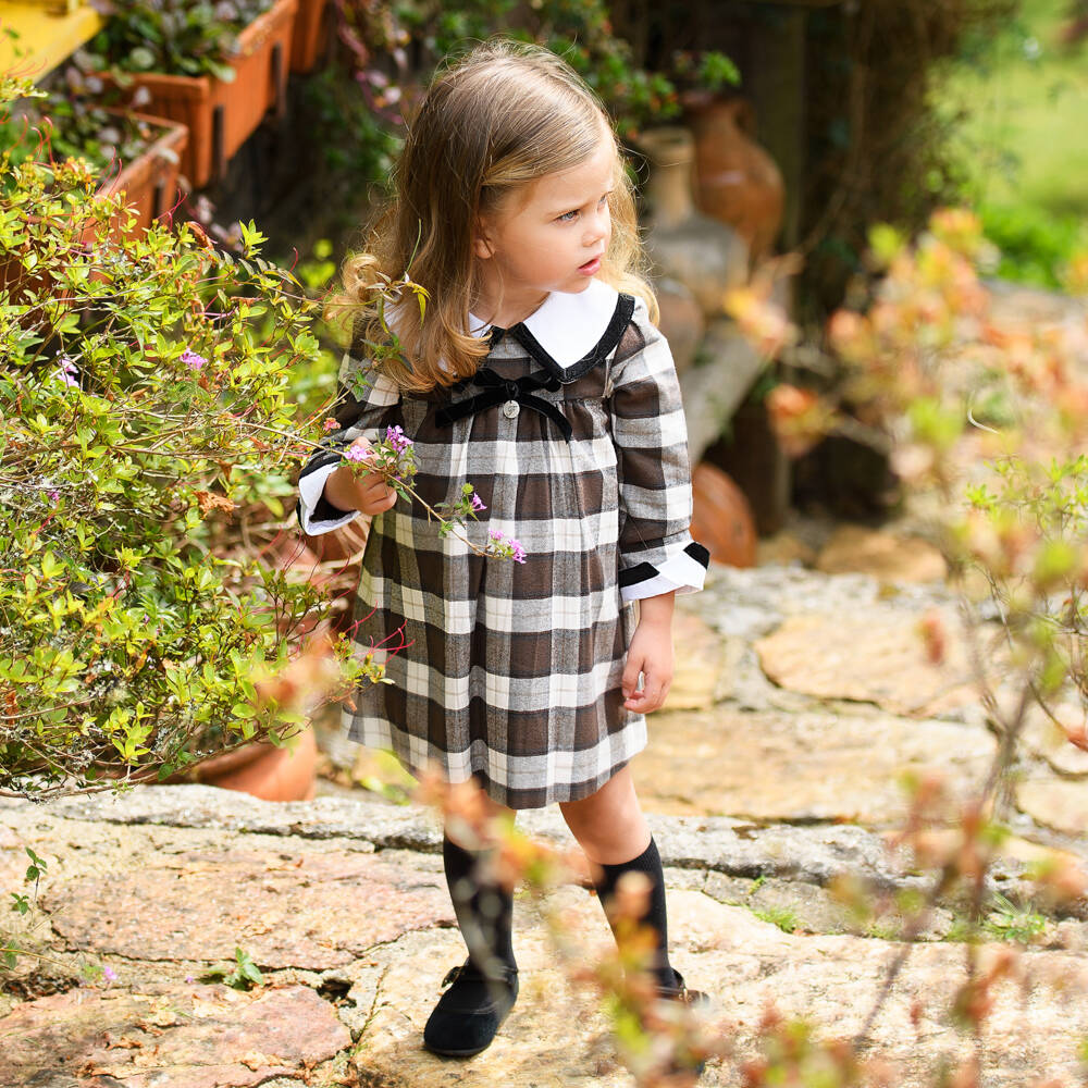 Foque-Girls Brown Check Organic Cotton Dress with Velvet Trims | Childrensalon Outlet