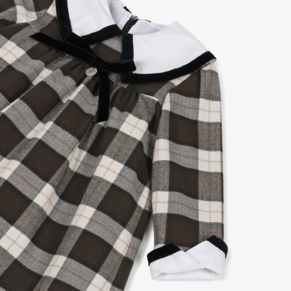 Foque-Girls Brown Check Organic Cotton Dress with Velvet Trims | Childrensalon Outlet