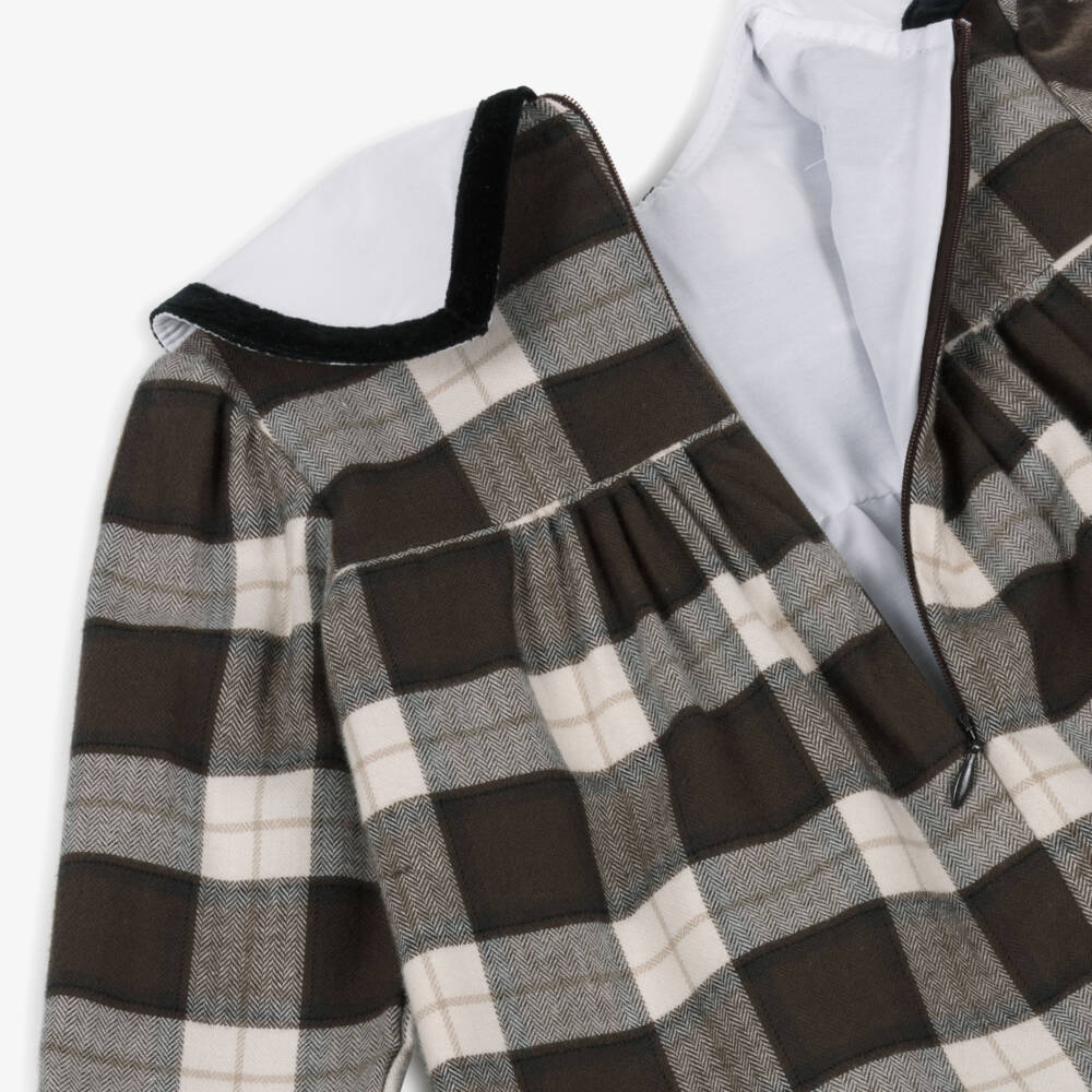Foque-Girls Brown Check Organic Cotton Dress with Velvet Trims | Childrensalon Outlet