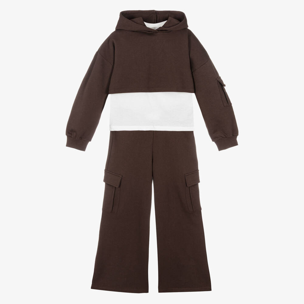 iDO Junior-Girls Brown Cotton Tracksuit Set with Cargo Pockets | Childrensalon Outlet