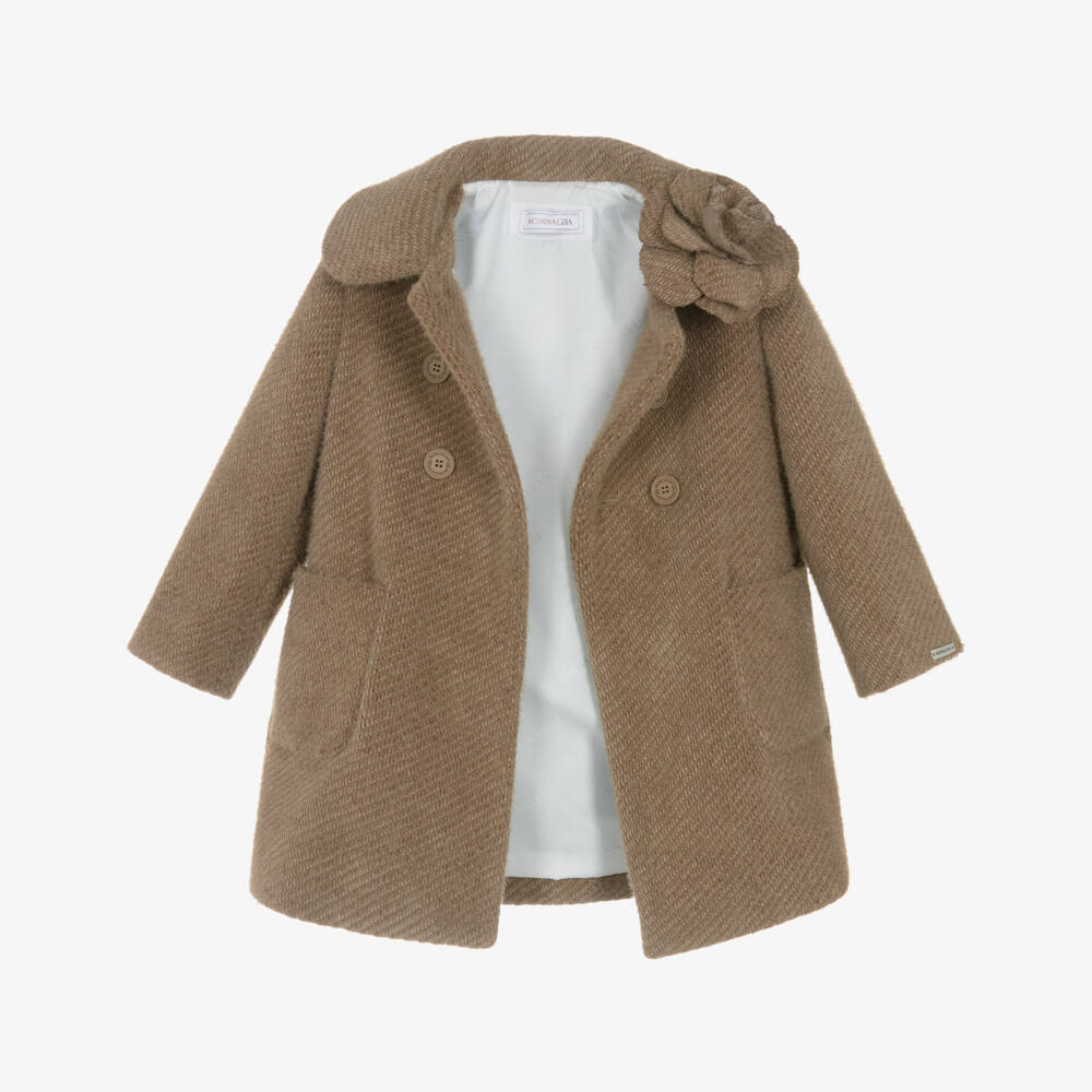 Monnalisa-Girls Brown Double-Breasted Coat | Childrensalon Outlet