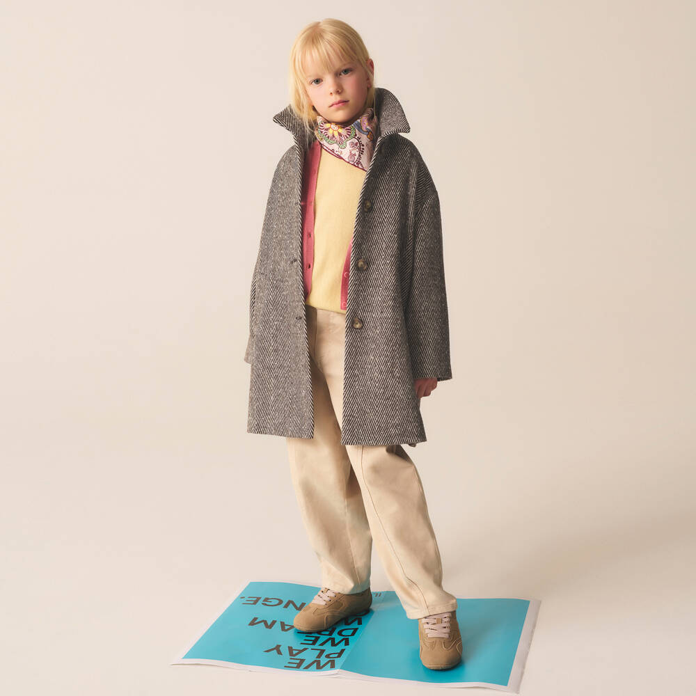 Il Gufo-Girls Brown Herringbone Felted Coat with Sparkly Studs | Childrensalon Outlet