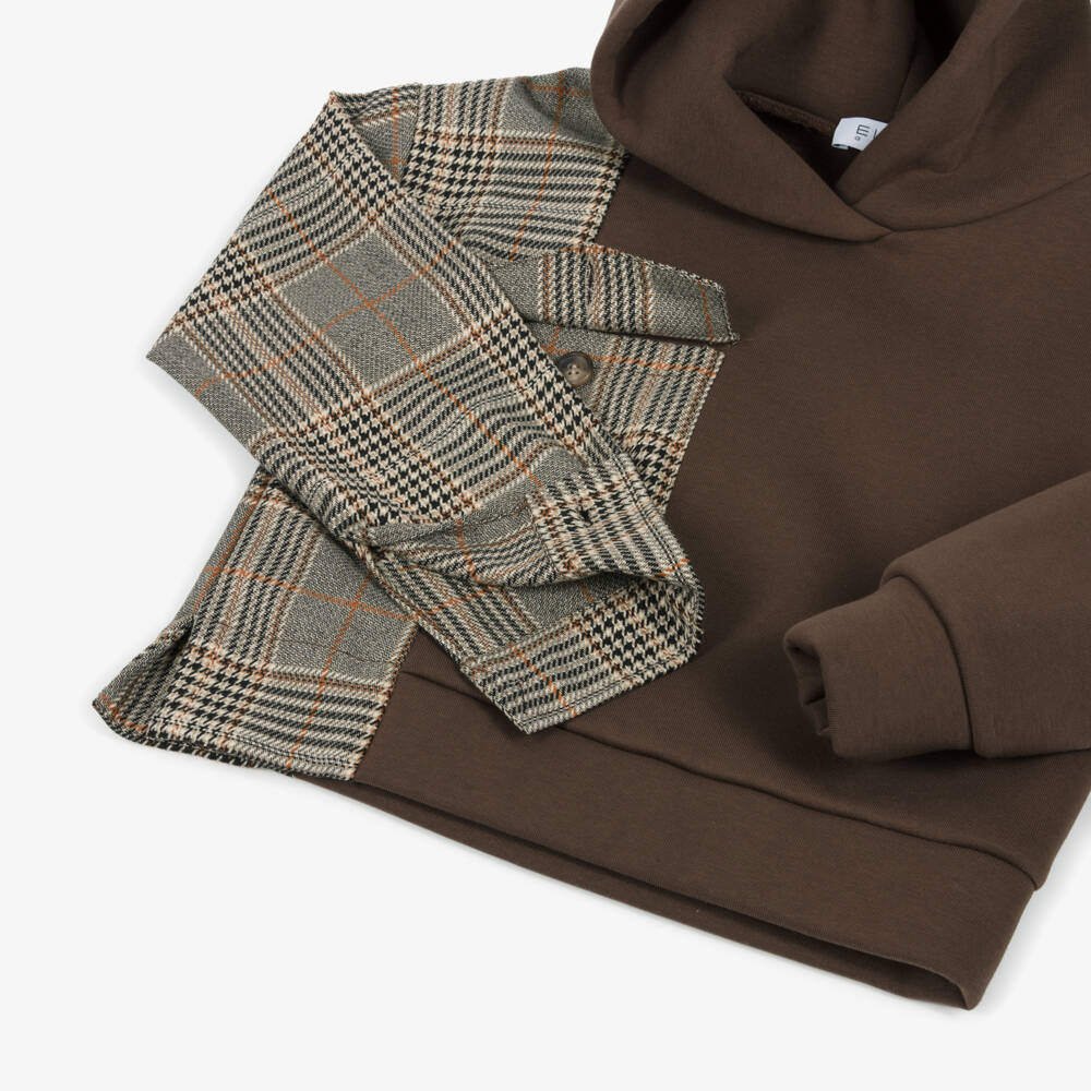 Elsy-Girls Brown Jersey & Contrast Check Hoodie | Childrensalon Outlet