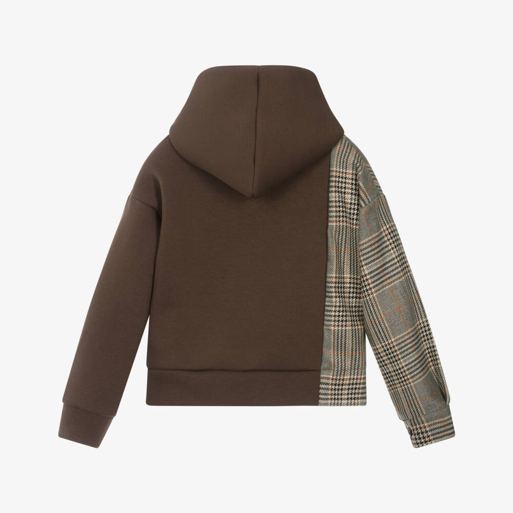 Elsy-Girls Brown Jersey & Contrast Check Hoodie | Childrensalon Outlet