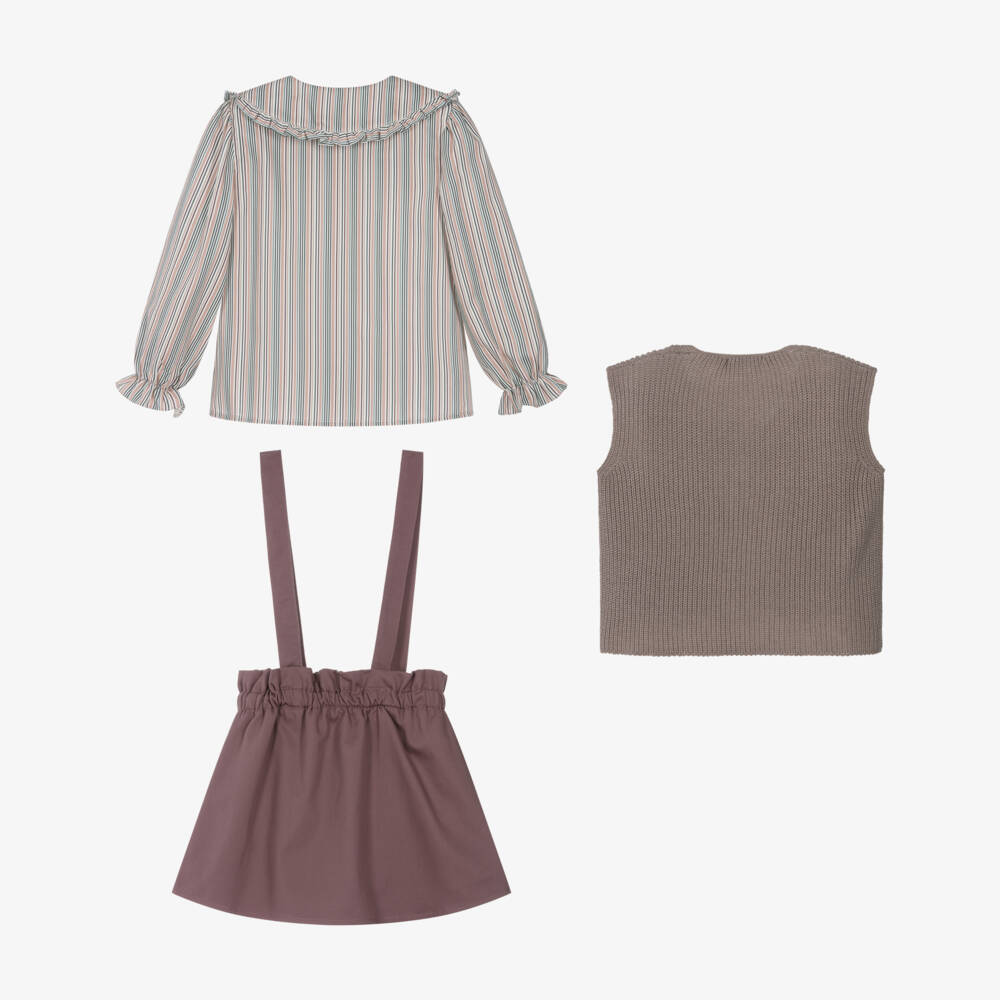 Paloma de la O-Girls Brown Knit & Purple Cotton Skirt Set | Childrensalon Outlet