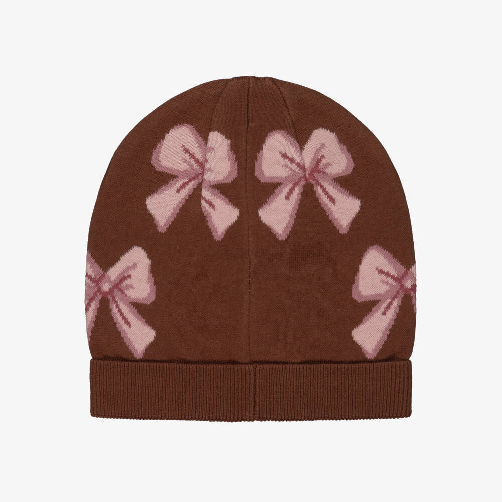 iDO-Girls Brown & Pink Cotton Knit Beanie Hat with Bow Pattern | Childrensalon Outlet