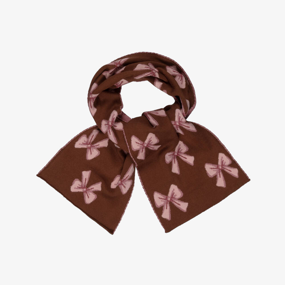 iDO-Girls Brown & Pink Cotton Knit Scarf with Bow Pattern | Childrensalon Outlet