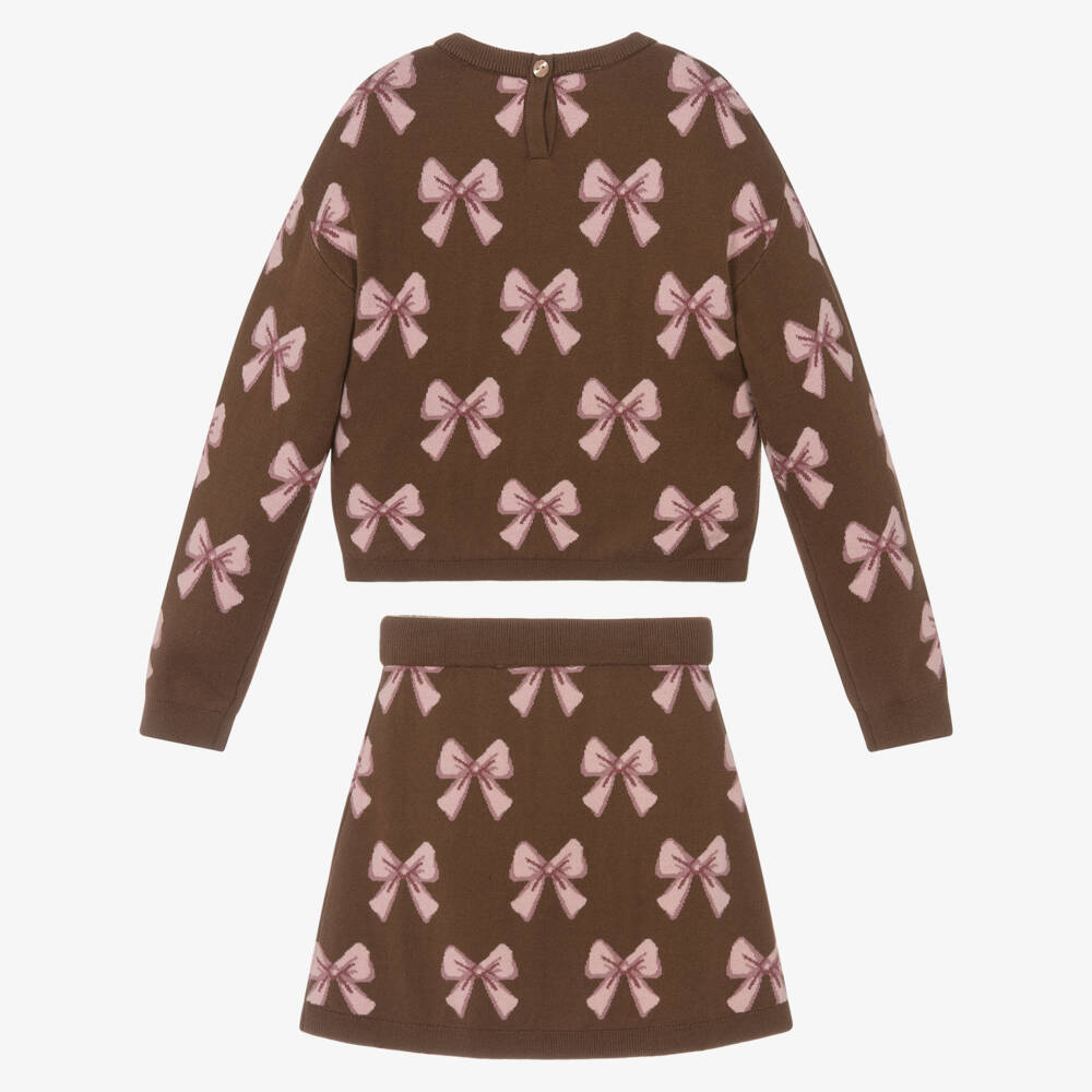 iDO-Girls Brown & Pink Cotton Knit Skirt Set with Bow Pattern | Childrensalon Outlet