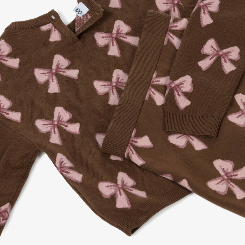 iDO-Girls Brown & Pink Cotton Knit Skirt Set with Bow Pattern | Childrensalon Outlet