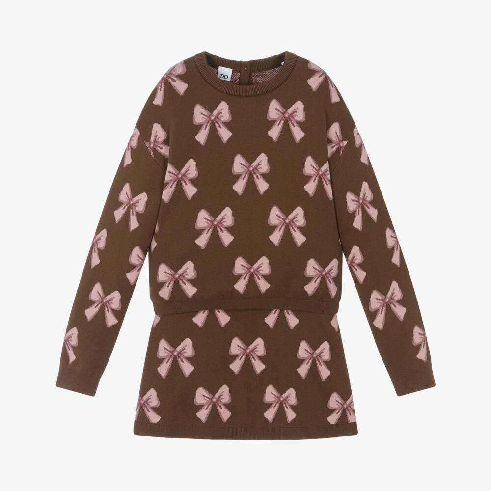 iDO-Girls Brown & Pink Cotton Knit Skirt Set with Bow Pattern | Childrensalon Outlet