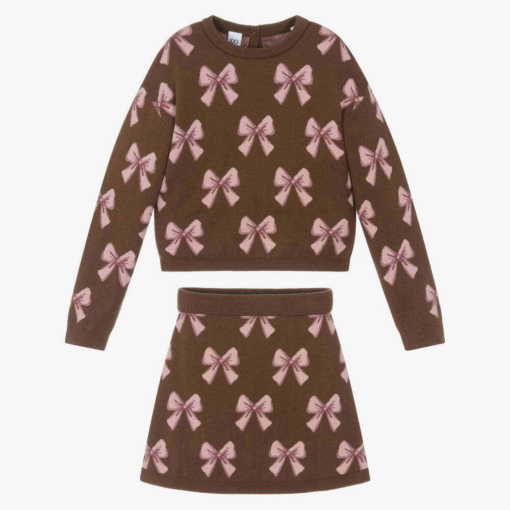 iDO-Girls Brown & Pink Cotton Knit Skirt Set with Bow Pattern | Childrensalon Outlet