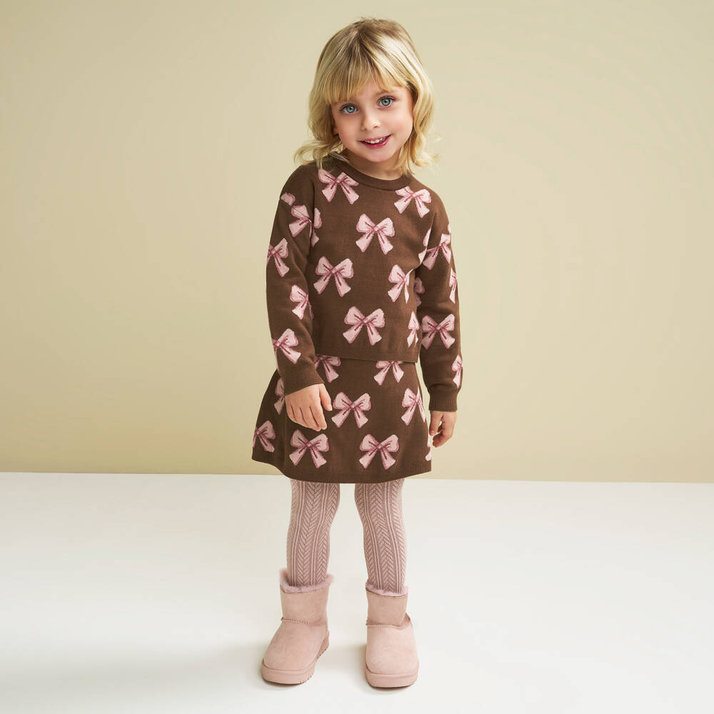 iDO-Girls Brown & Pink Cotton Knit Skirt Set with Bow Pattern | Childrensalon Outlet