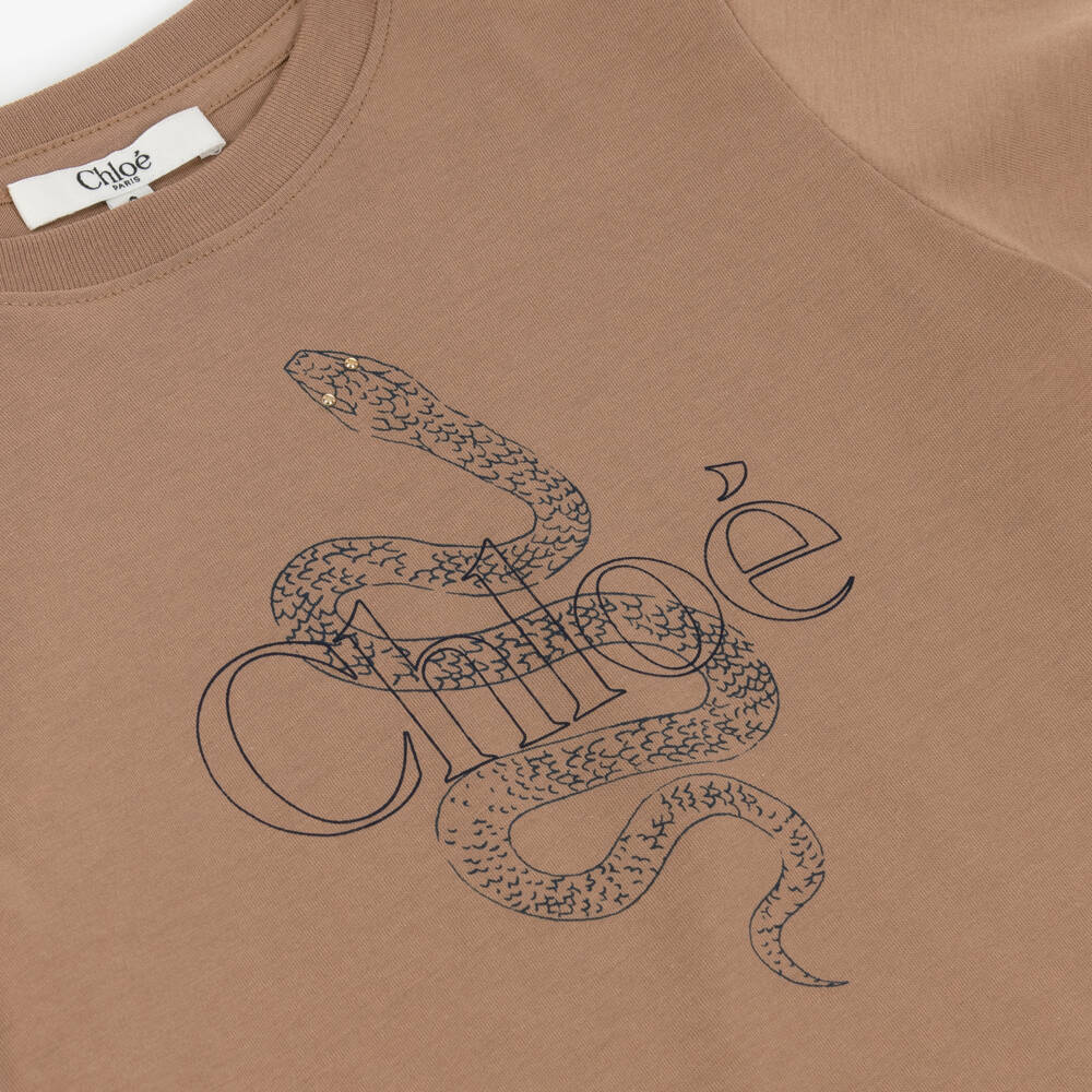 Chloé-تي شيرت قطني بلون البيج بنقشة الثعبان للبنات | Childrensalon Outlet