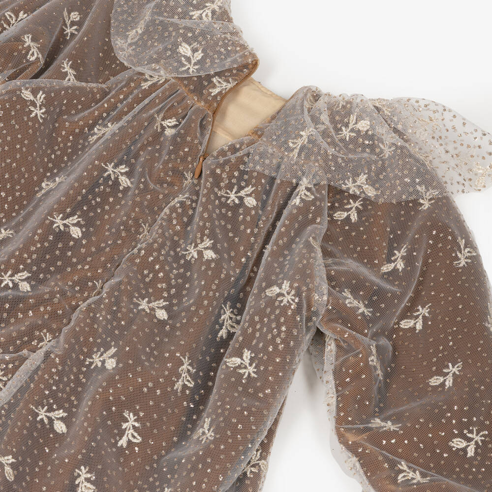 Tartine et Chocolat-Girls Brown Velvet & Embroidered Tulle Dress | Childrensalon Outlet