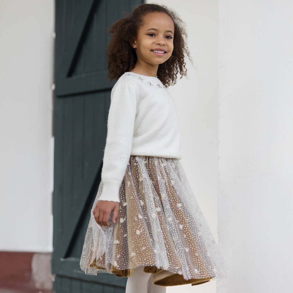 Tartine et Chocolat-Girls Brown Velvet & Embroidered Tulle Skirt | Childrensalon Outlet