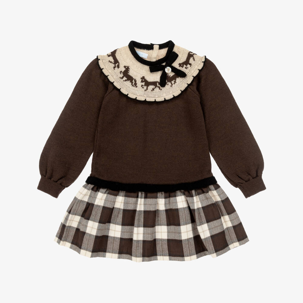 Foque-Girls Brown Wool & Cotton Knit Pony Dress | Childrensalon Outlet