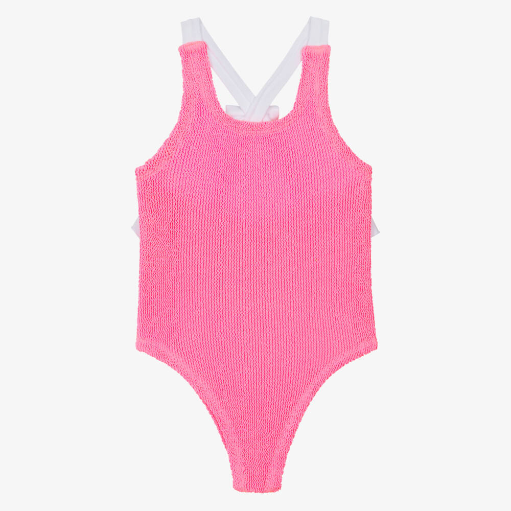 Hunza G-Girls Bubblegum Pink Crinkle Swimsuit with Bow & Ruffle | Childrensalon Outlet