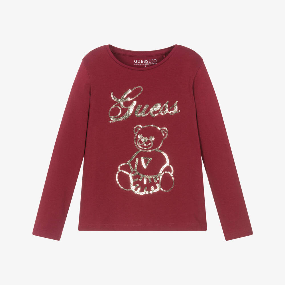 Guess-Girls Burgundy Cotton Top with Gold Sequin Teddy | Childrensalon Outlet