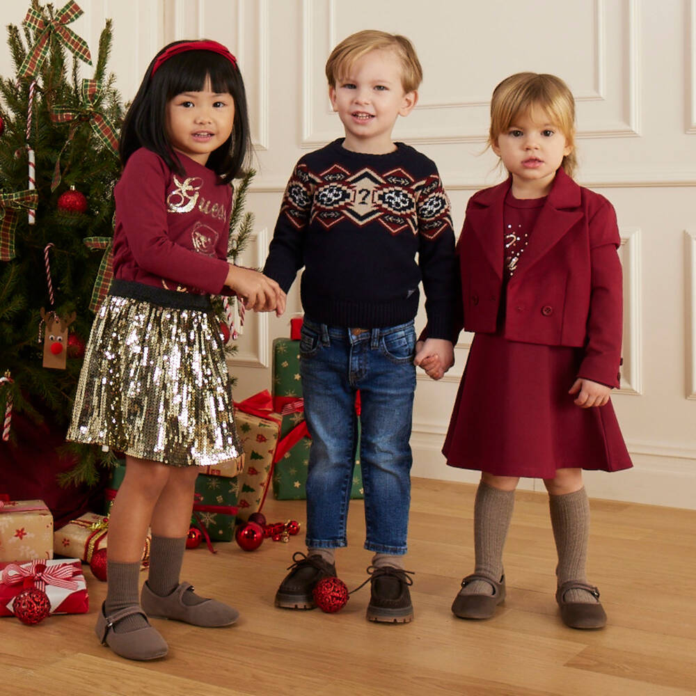 Guess-Girls Burgundy Cotton Top with Gold Sequin Teddy | Childrensalon Outlet