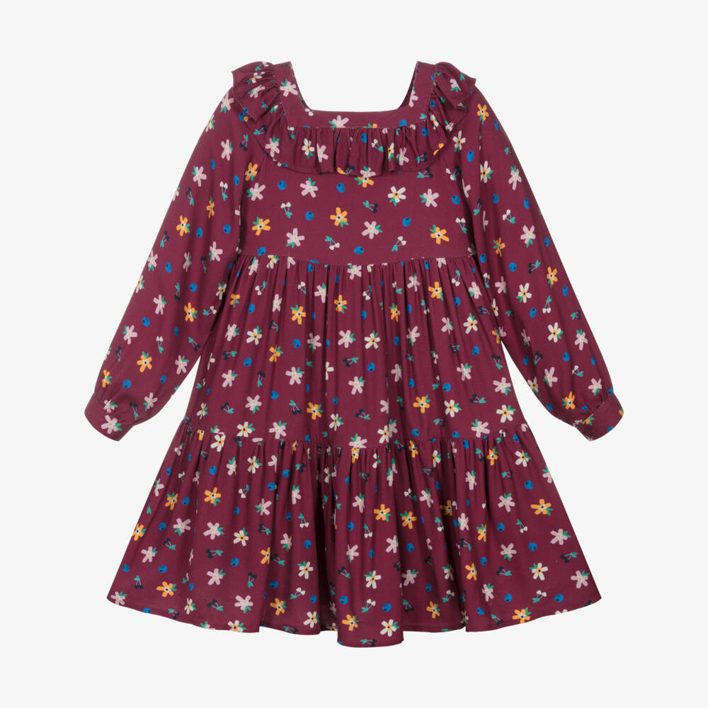 Catimini-Girls Burgundy Floral Long Sleeve Dress | Childrensalon Outlet