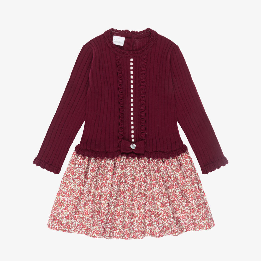 Artesanía Granlei-Girls Burgundy Red Cotton Floral Dress | Childrensalon Outlet