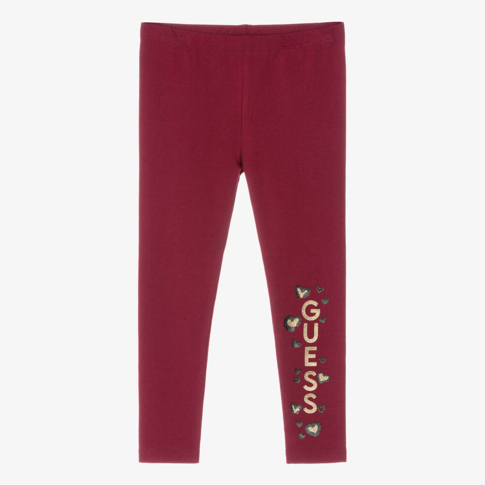 Guess-Girls Burgundy Red Cotton Leggings with Glittery Gold Logo | Childrensalon Outlet
