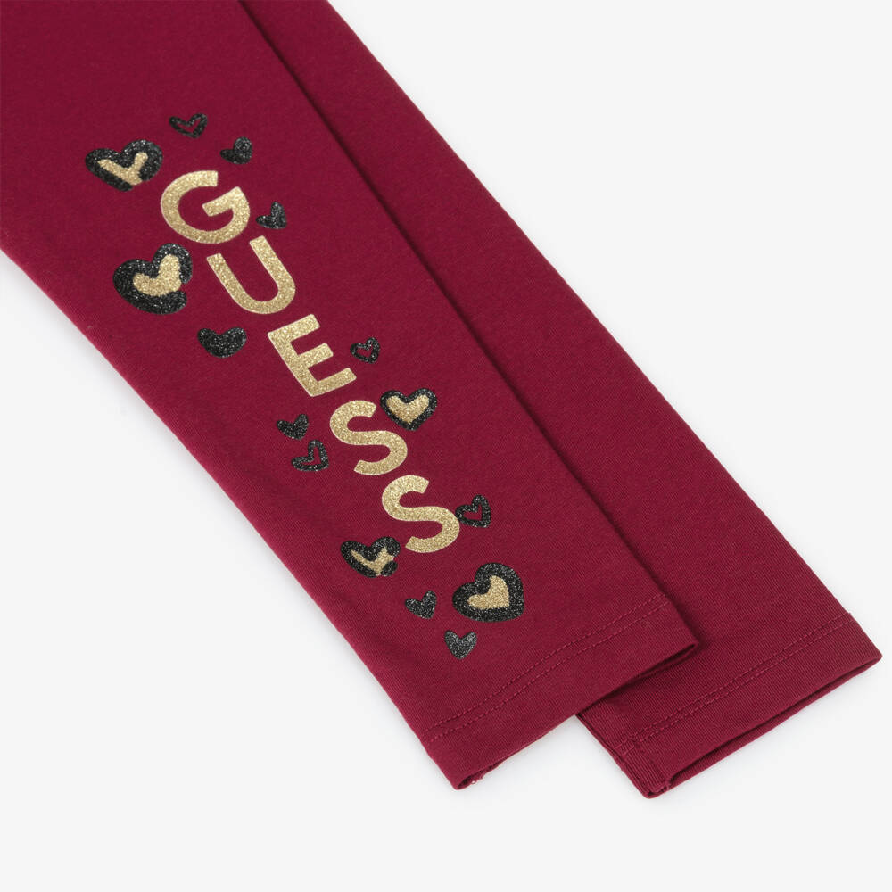 Guess-Girls Burgundy Red Cotton Leggings with Glittery Gold Logo | Childrensalon Outlet