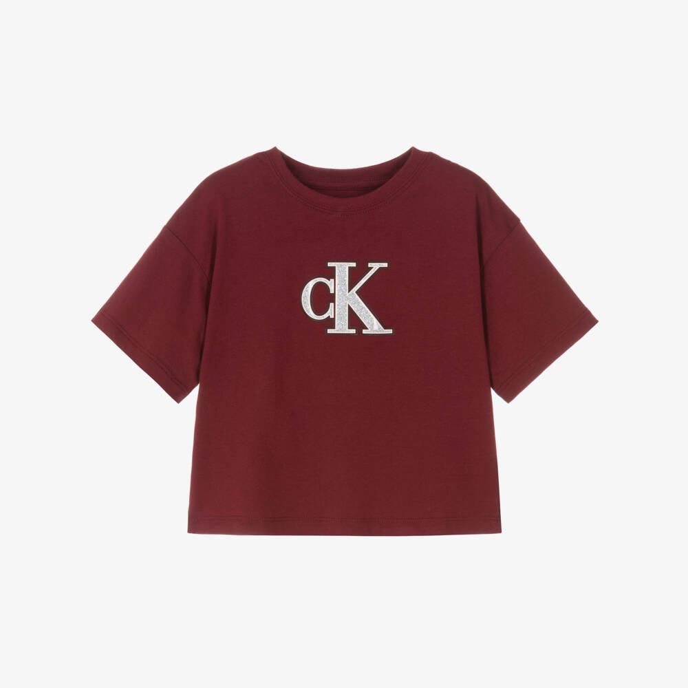 Calvin Klein-Girls Burgundy Red Cotton T-Shirt with Glittery CK Monogram | Childrensalon Outlet