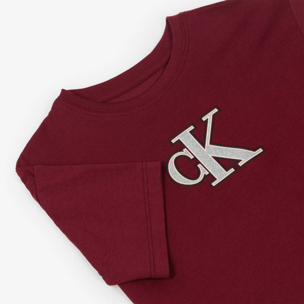 Calvin Klein-Girls Burgundy Red Cotton T-Shirt with Glittery CK Monogram | Childrensalon Outlet