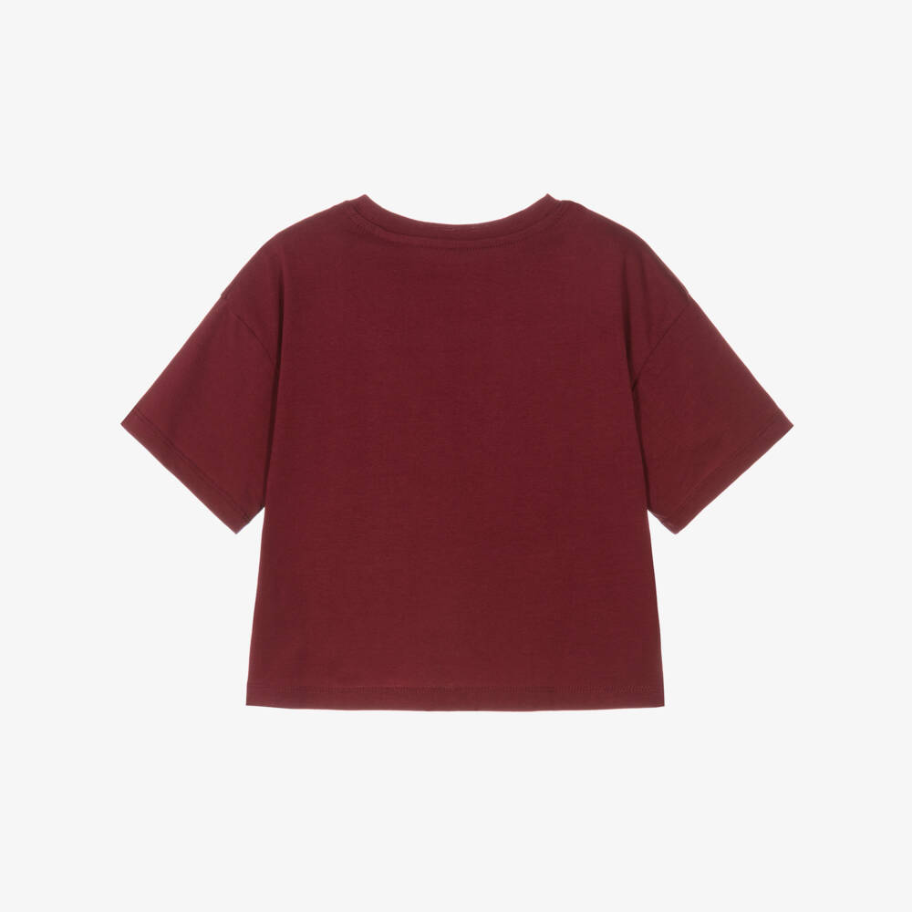 Calvin Klein-Girls Burgundy Red Cotton T-Shirt with Glittery CK Monogram | Childrensalon Outlet