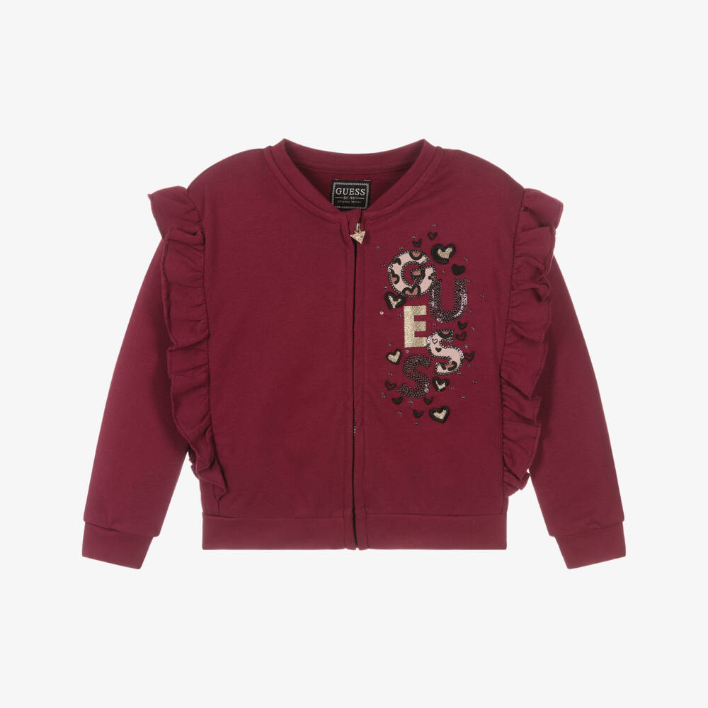 Guess-Girls Burgundy Red Cotton Zip-Up Top with Sequin Logo | Childrensalon Outlet