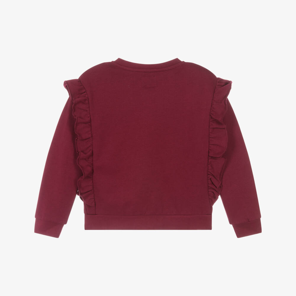 Guess-Girls Burgundy Red Cotton Zip-Up Top with Sequin Logo | Childrensalon Outlet