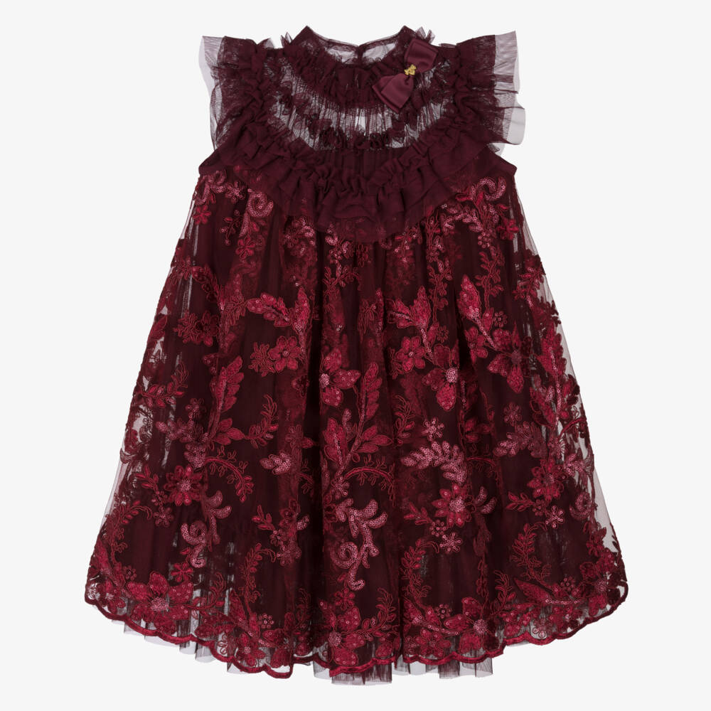 Angel's Face-Girls Burgundy Red Embroidered Floral Tulle Dress | Childrensalon Outlet