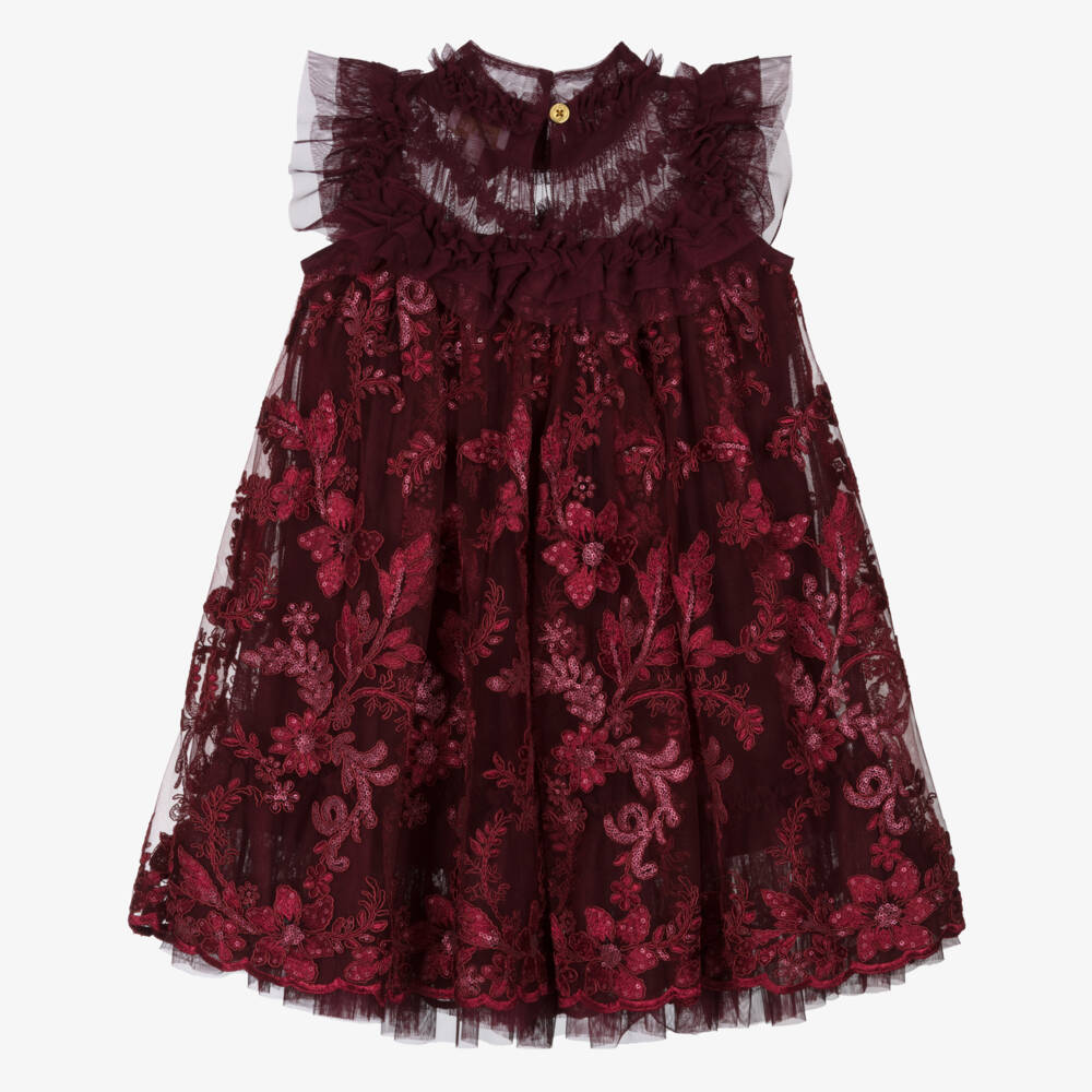 Angel's Face-Girls Burgundy Red Embroidered Floral Tulle Dress | Childrensalon Outlet
