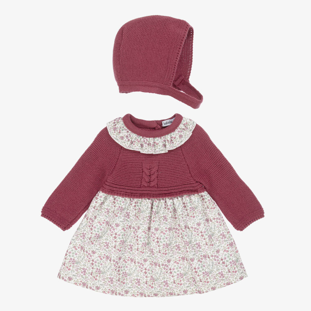 Babidu-Girls Burgundy Red Floral Cotton Dress Set | Childrensalon Outlet