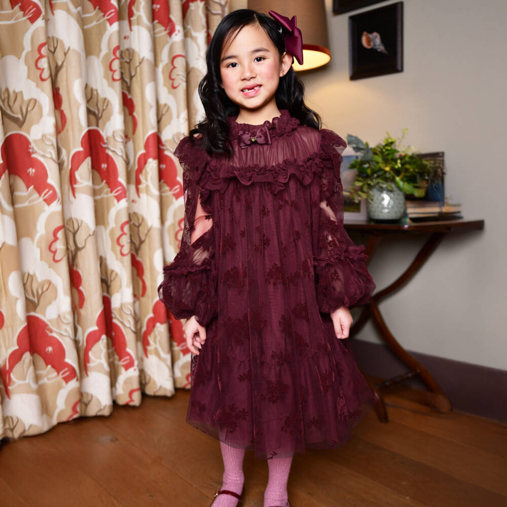 Angel's Face-Girls Burgundy Red Floral Tulle Dress | Childrensalon Outlet
