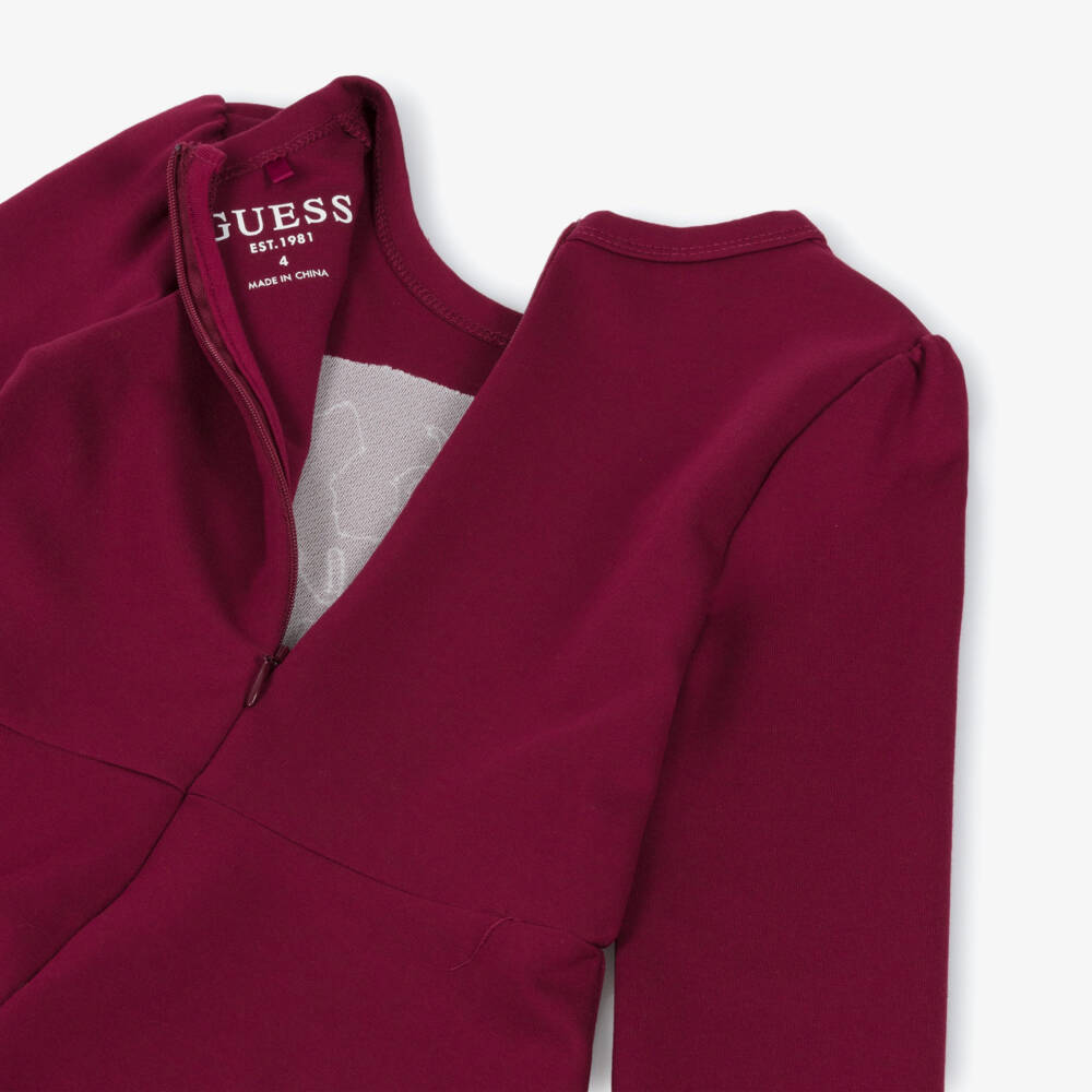 Guess-Girls Burgundy Red Jersey Skater Dress with Gold Sequin Logo | Childrensalon Outlet