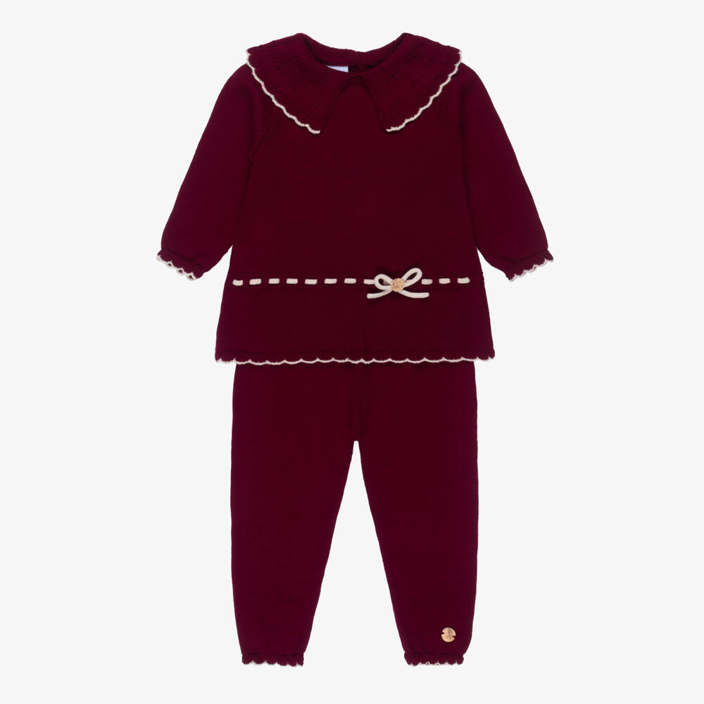 Artesanía Granlei-Girls Burgundy Red Knit Trouser Set with Beige Trim | Childrensalon Outlet