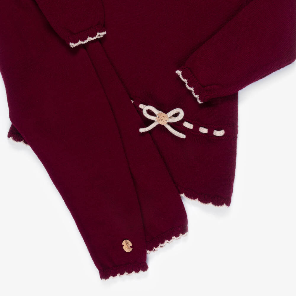 Artesanía Granlei-Girls Burgundy Red Knit Trouser Set with Beige Trim | Childrensalon Outlet