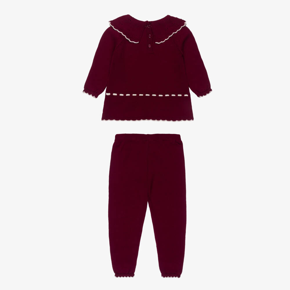 Artesanía Granlei-Girls Burgundy Red Knit Trouser Set with Beige Trim | Childrensalon Outlet