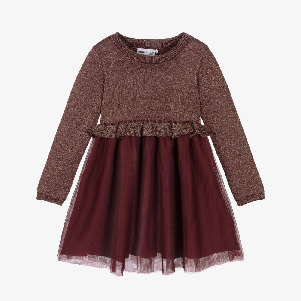 NAME IT-Girls Burgundy Red Lurex Knit Dress with Tulle | Childrensalon Outlet